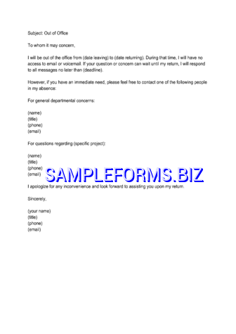 out of Office Email Template pdf free